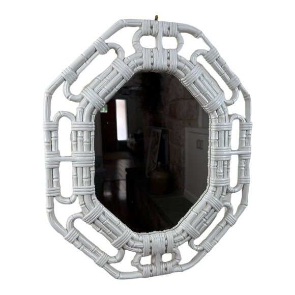 Vintage Homco 70’s MCM Mirror Faux Bamboo Wicker White Wall 17.5 x 14.5 EUC - Picture 1 of 6
